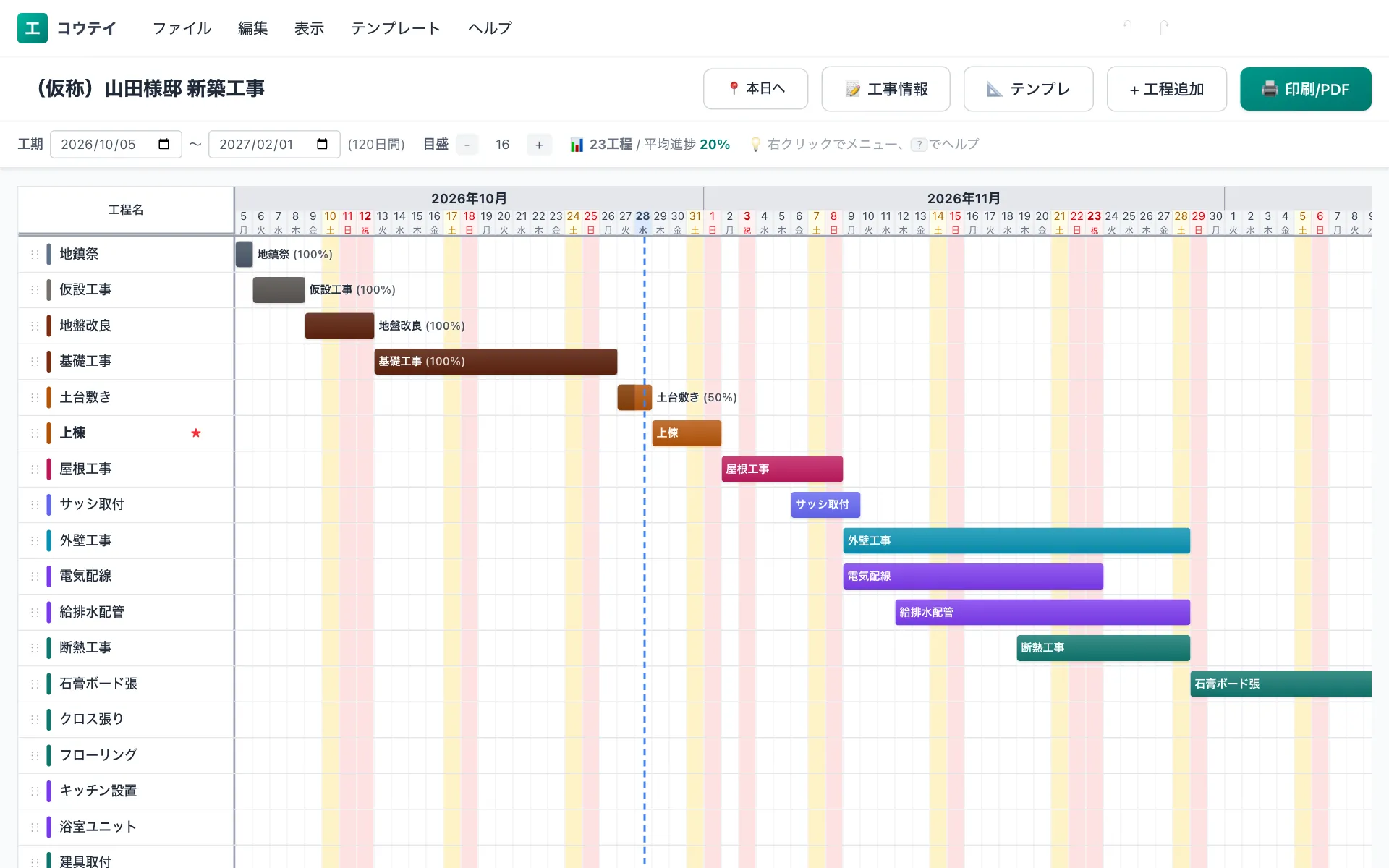 コウテイの工程表編集画面(パソコン)。工程を横棒のバーチャートで表示している