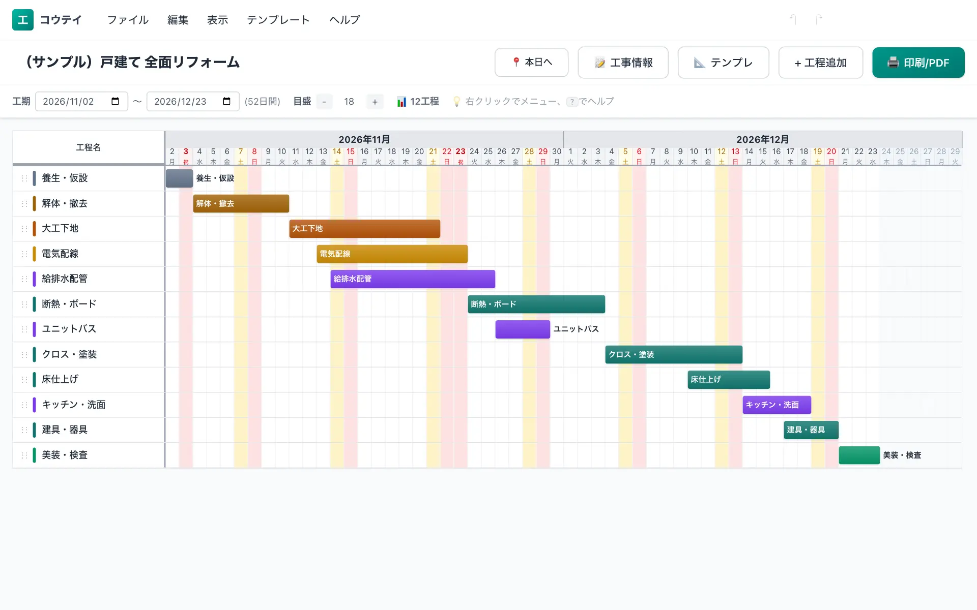 戸建て 全面リフォームの工程表の例(12工程・標準52日)。養生・仮設・解体・撤去・大工下地・電気配線・給排水配管などを横棒で並べたバーチャート