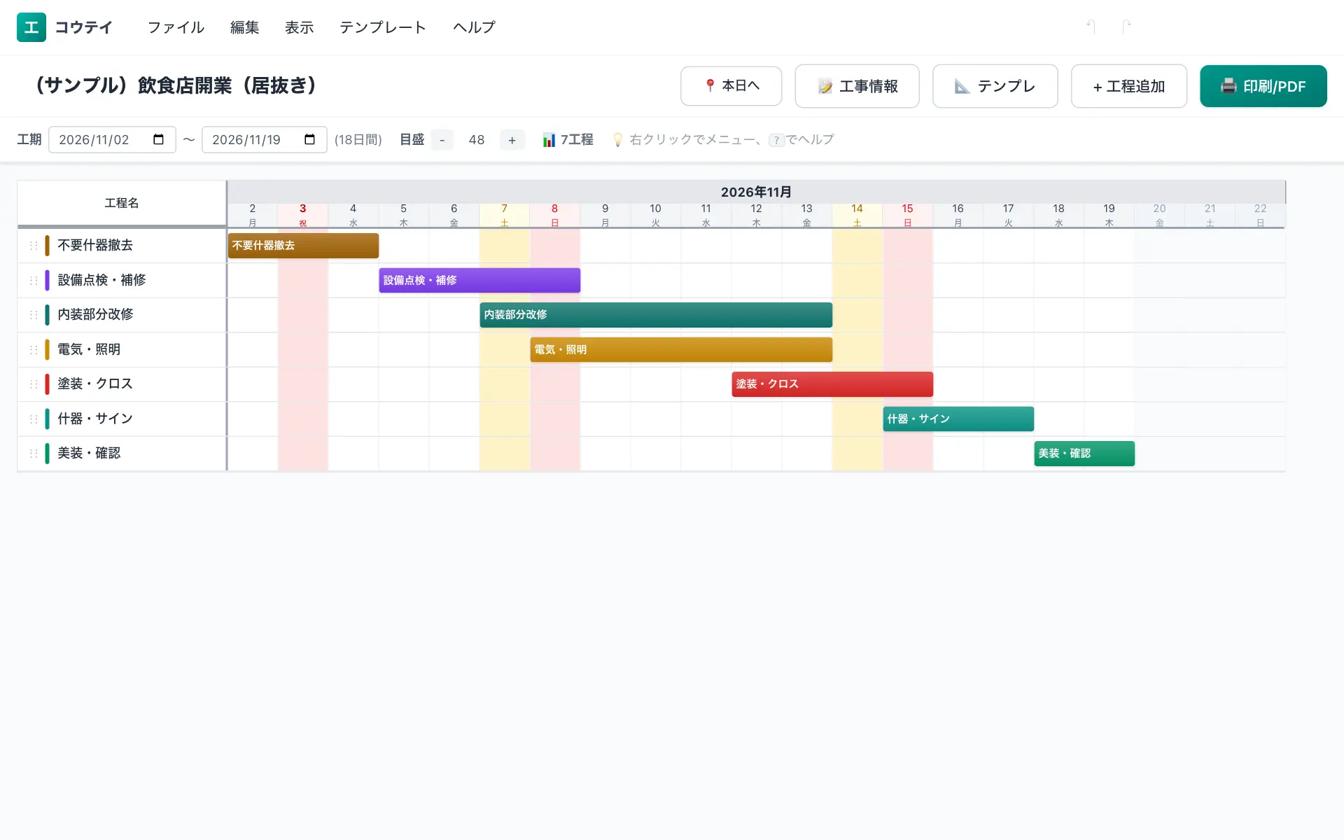 飲食店開業(居抜き)の工程表の例(7工程・標準18日)。不要什器撤去・設備点検・補修・内装部分改修・電気・照明・塗装・クロスなどを横棒で並べたバーチャート