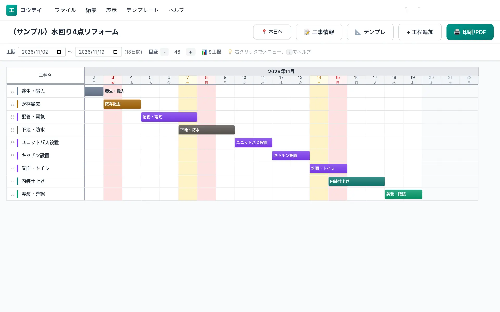 水回り4点リフォームの工程表の例(9工程・標準18日)。養生・搬入・既存撤去・配管・電気・下地・防水・ユニットバス設置などを横棒で並べたバーチャート