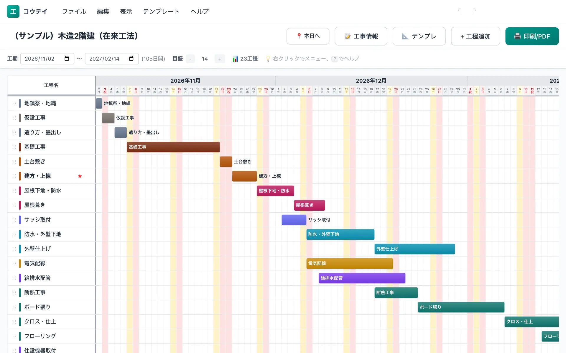 木造2階建(在来工法)の工程表の例(23工程・標準105日)。地鎮祭・地縄・仮設工事・遣り方・墨出し・基礎工事・土台敷きなどを横棒で並べたバーチャート